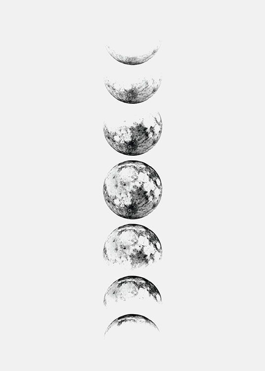 three phases of the moon in black and white, with one half painted to look like it