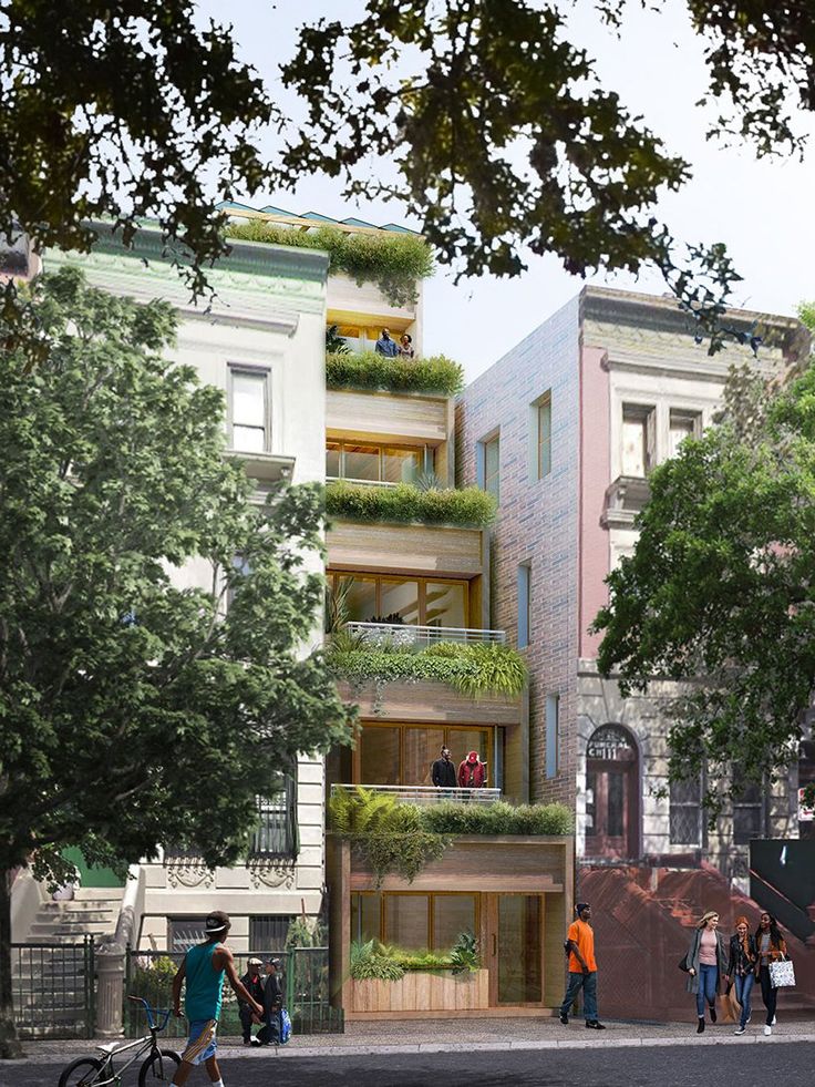 an artist's rendering of a multi - story building with balconies and plants