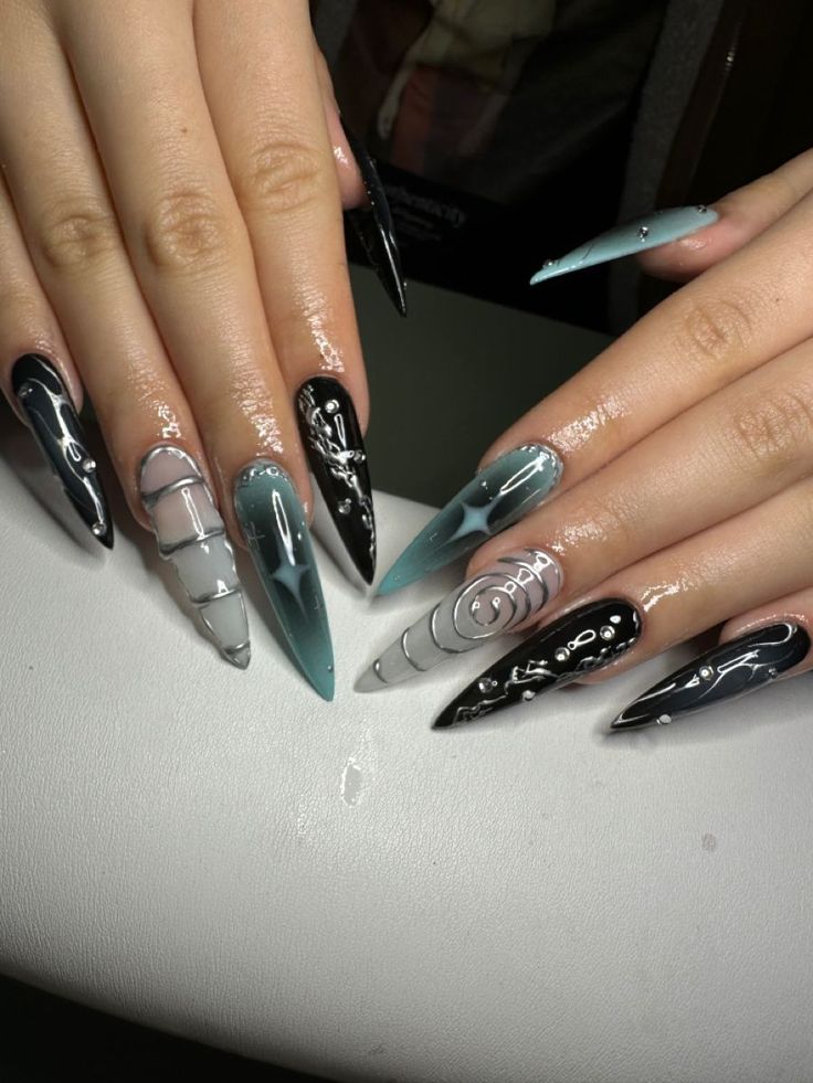 Gothic Nails With Charms, Mint Green And Black Nails, Blue Stiletto Nails, Long Stiletto Nails, Maroon Nails, Black Acrylic Nails, Punk Nails, Airbrush Nails, Edgy Nails