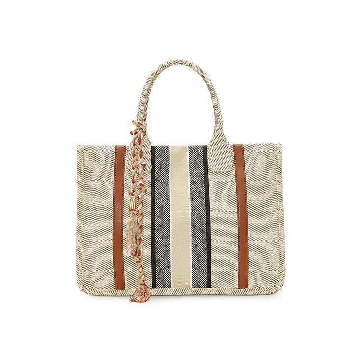 Vince Camuto-Orla Tote Carry everyday essentials in the Orla tote from Vince Camuto. This durable canvas handbag features a bold print and braided rope tassels with gold beading. Casual Beige Canvas Bag With Braided Handles, Casual Canvas Beach Bag For Shopping, Casual Canvas Top Handle Bag, Trendy Canvas Beach Bag With Adjustable Strap, Everyday Canvas Bags With Braided Handles, Casual Canvas Bag With Braided Handles For Shopping, Casual Cotton Top Handle Bag, Casual Canvas Beach Bag With Leather Handles, Canvas Tote Shoulder Bag With Braided Handles