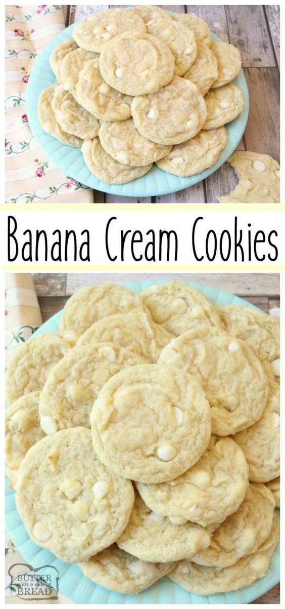 banana cream cookies stacked on top of each other with the words, how to bake and