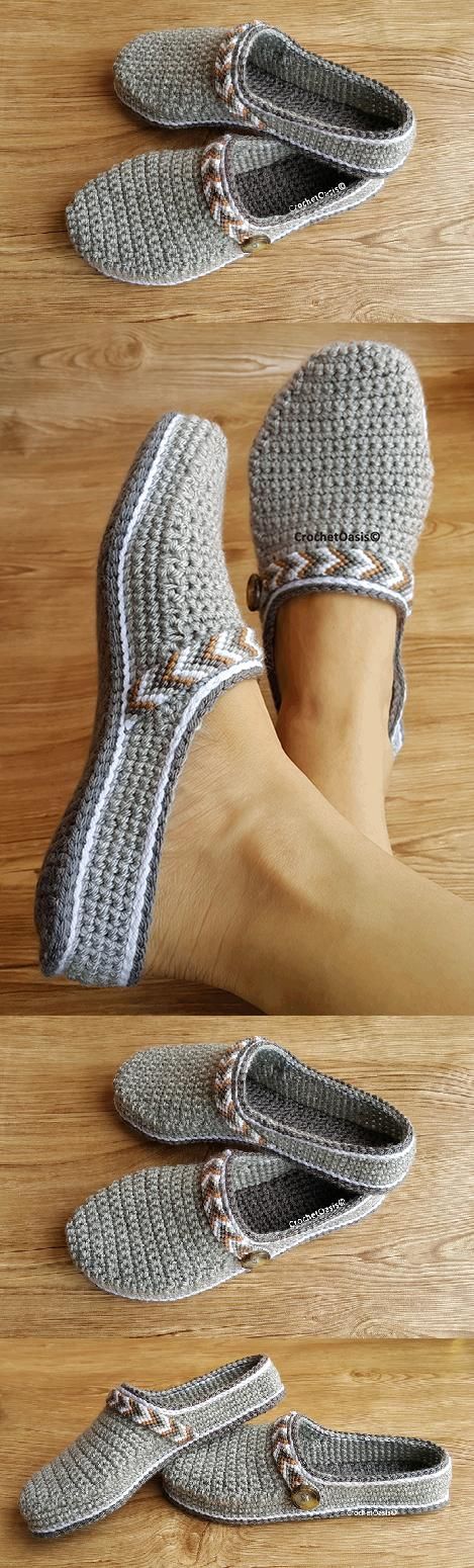 three pictures of someone's feet in slippers on a wooden floor, with the bottom one being knitted and the second is crocheted