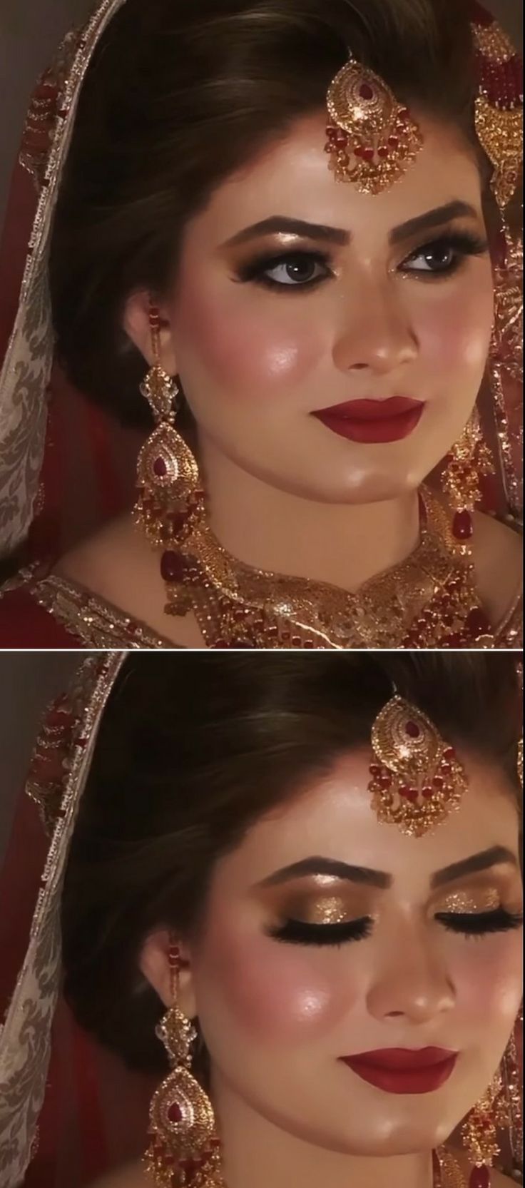 two pictures of a woman with makeup and jewelry on her face, one is wearing red lipstick