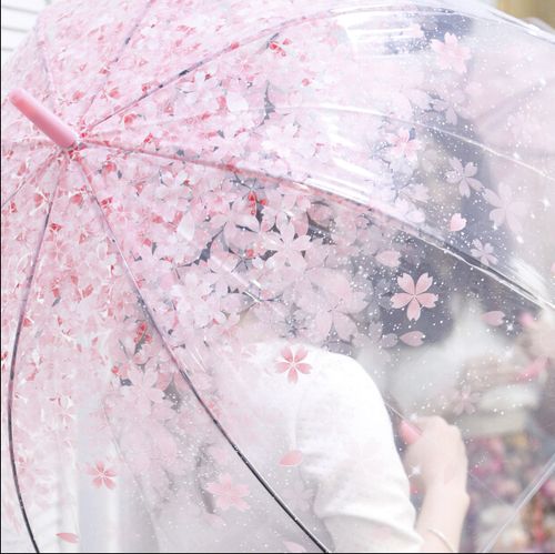 a woman holding an umbrella with pink flowers on it