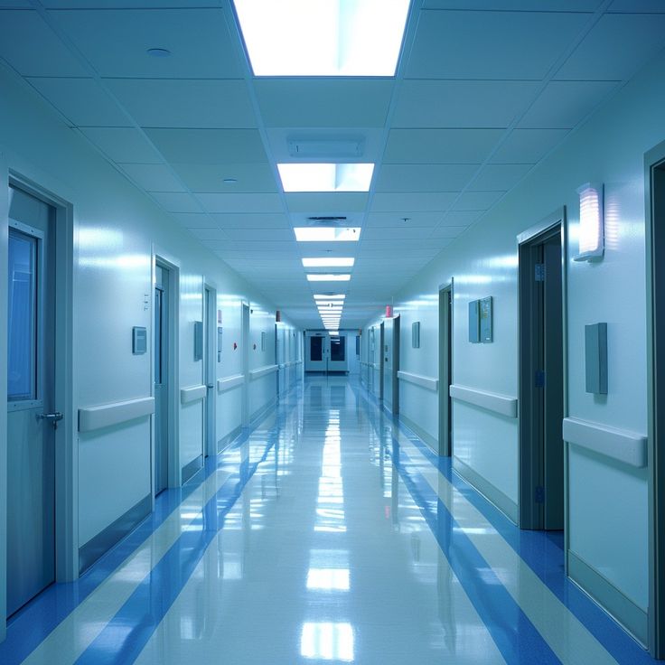 an empty hospital hallway with blue and white flooring on both sides is lit by daylight