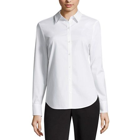 Tailor your style with this women's button-down shirt from Worthington to effortlessly add polished versatility to your wardrobe. It's cut for a modern-fit from soft, woven stretch-cotton and has a classic point collar and long sleeves with button cuffs. Wear layered under a blazer with denim shorts for an elegantly casual look.Features: Stretch FabricClosure Type: ButtonFit: Modern FitNeckline: Collar NeckSleeve Length: Long SleeveSleeve Style: Cuffed SleeveApparel Length: 28 Inches - FrontFibe White Button Up Shirt, Essential Shirt, Women's Button Down Shirt, White Button Down Shirt, White Button Up, Dress Shirts For Women, Tailored Shirts, Button Front Shirt, Modern Fit