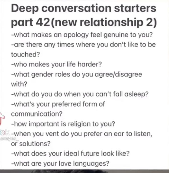 the text reads deep conversation starts part 4 new relationships 2 what makes an apoloy feel genuine to you?