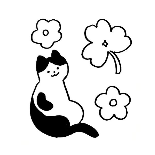 a black and white drawing of a cat sitting on the ground with flowers in front of it