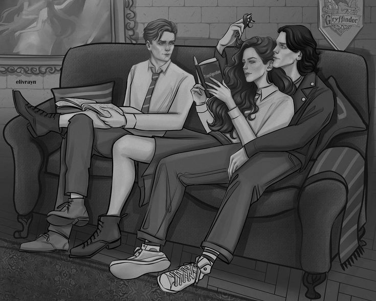 a black and white drawing of two people sitting on a couch