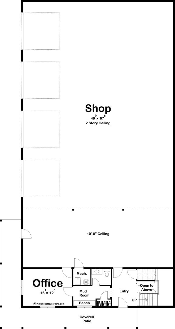 the first floor plan for a home with two garages and an office on one side