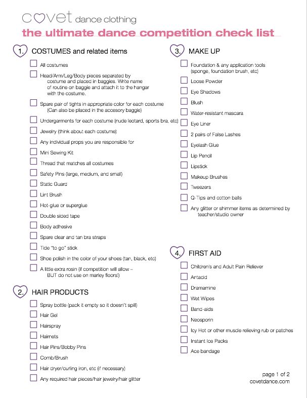 the ultimate dance competition checklist is shown in this printable form, which includes instructions for