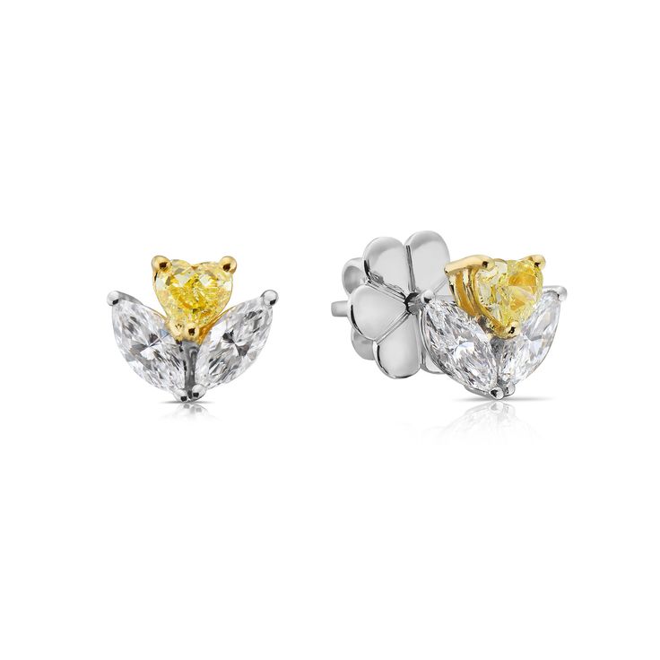 Delicate and fun earrings with a yellow diamond Heart sitting on two Marquise diamonds Fancy Yellow and FG VS quality 18kt Gold Fancy Yellow Diamond Earrings, Marquise Diamond Earrings, Yellow Diamond Jewelry, Yellow Diamond Earring, Pink Diamond Jewelry, Blue Diamond Jewelry, Yellow Diamonds Engagement, Caramel Mocha, Yellow Diamond Engagement Ring