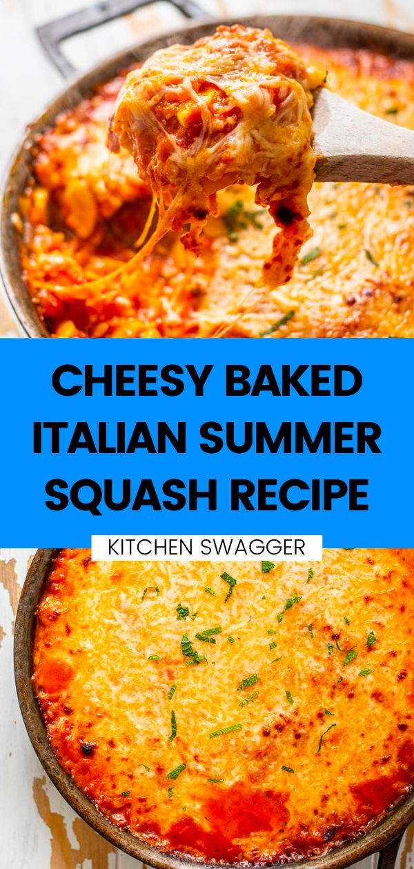 cheesy baked italian summer squash recipe in a skillet with a wooden spoon