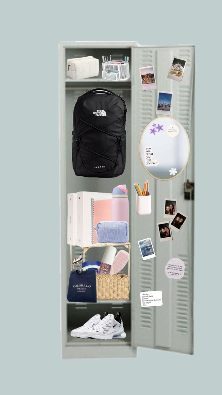 an open locker filled with personal items and school supplies