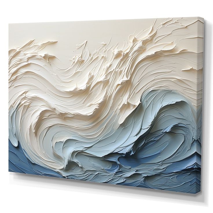 an abstract painting with white and blue waves