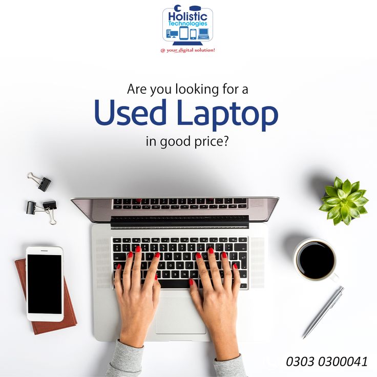 a person typing on a laptop with the words are you looking for a used laptop in good price?