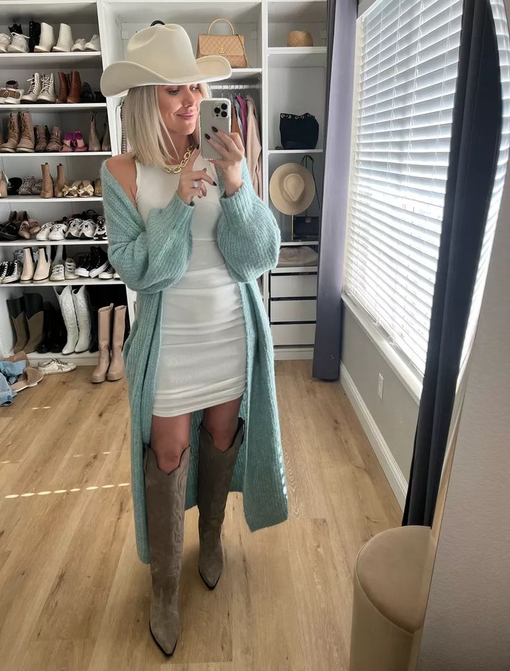 Cash Cowboy Hat curated on LTK Dress With Cardigan And Cowboy Boots, Cream Cowboy Hat Outfit, White Cowboy Hat Outfit, Straw Cowboy Hat Outfit, Casual Cowboy Boots Outfit, Cowboy Hat Outfit, Long Cardigan Outfit, Cowboy Hats Women, Cowboy Boot Outfits