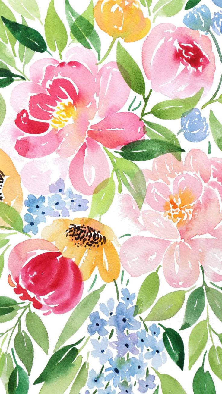 watercolor flowers on white background with green leaves and pink, red, yellow, blue, and purple flowers