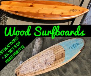 two surfboards sitting next to each other in front of a building with the words wood surfboards written on them