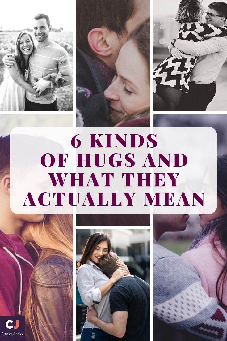 the words 6 kinds of hugs and what they actually mean are overlaid with images of people