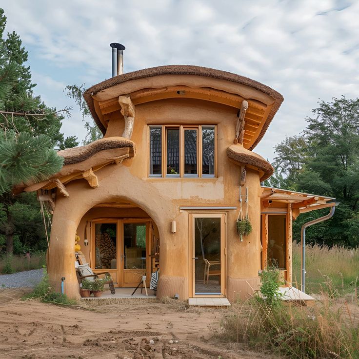 a house made out of clay and wood in the middle of a field with trees around it