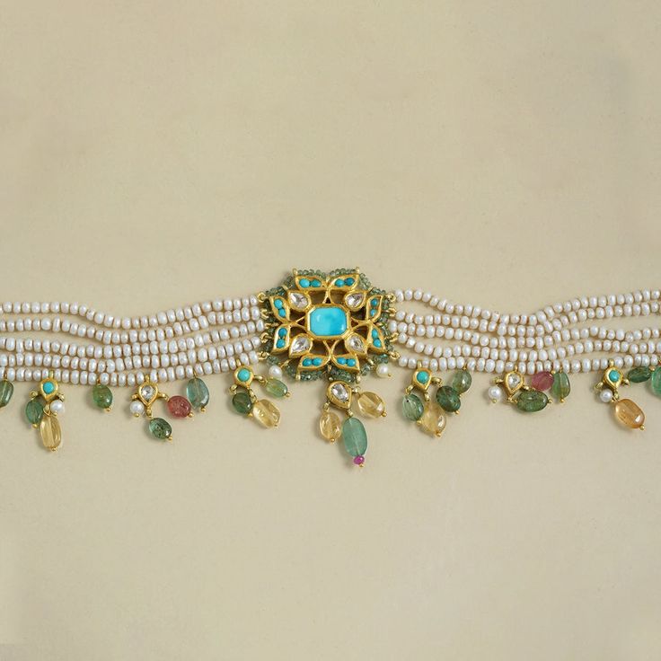 Siraaj Choker Necklace Traditional Yellow Gold Jewelry With Stones, Traditional Yellow Gold Multi-stone Necklace, Kundan Emerald Necklace As Gift, Kundan Emerald Gemstone Necklace As A Gift, Gift Kundan Emerald Necklace, Gift Emerald Kundan Necklace, Fusion Style Kundan Necklace With Gemstones For Ceremonies, Traditional Gold Necklaces With Gemstone Accents, Fusion Style 22k Gold Gemstone Jewelry