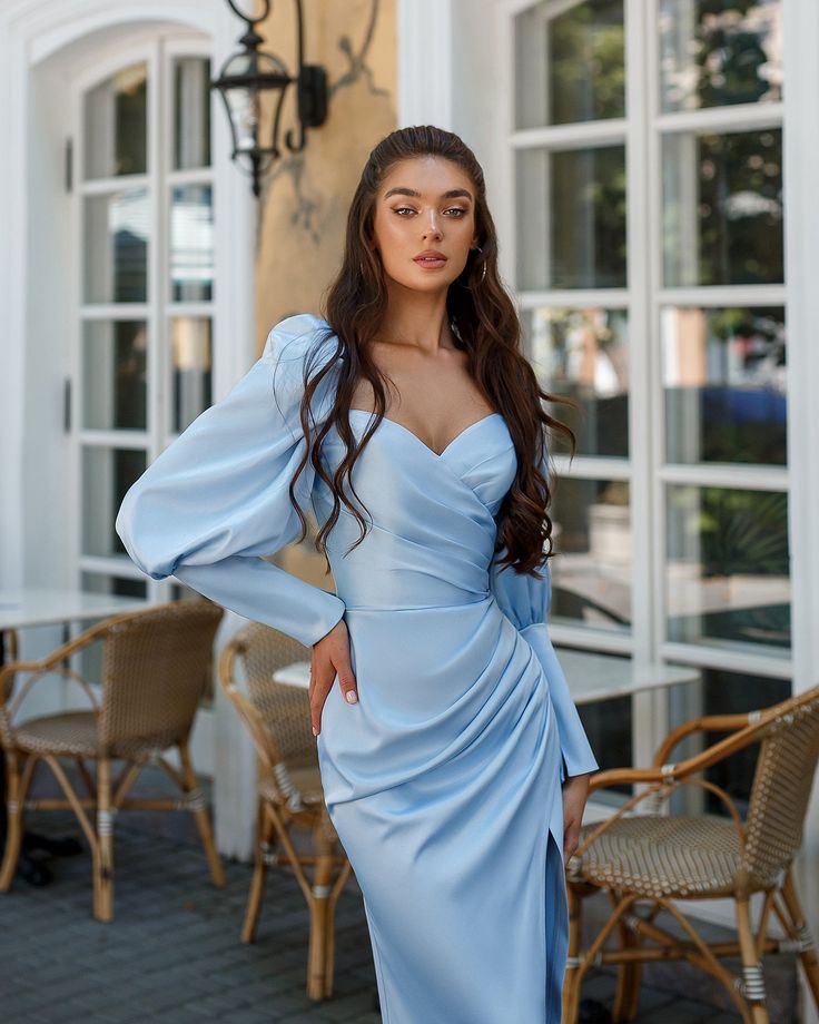 Fabric: Satin Cotton 50%, Polyester 50% Sweetheart neckline Puffed sleeves Long sleeves Thigh slit Dress length: 135 cm/ 53,14 in Sleeve length: 70 cm/ 27,55 in Colors: White, Sky-Blue, Dusty Pink, Grey Satin Bodycon Dress Long, Blue Silk Dress Long Sleeve, Sky Blue Dress Formal, Satin Elegant Dresses, Dusty Blue Dress Outfit, Light Blue Elegant Dress, Poses In Long Dresses, Pastel Dress Aesthetic, Sky Blue Dress Outfit