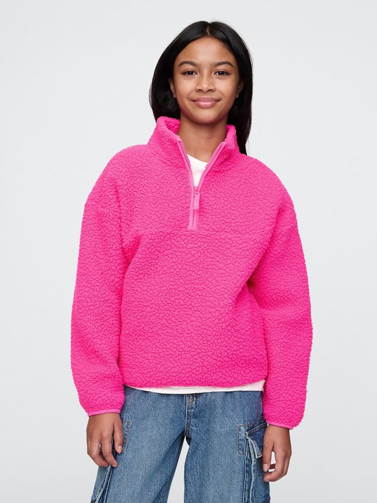 Soft sherpa pullover.  Mockneck with half-zip closure.  Long sleeves.  Pockets at sides.  Fit: Relaxed.  A straight & easy fit.  For a Classic fit, go down one Sherpa Pullover, Brand Collaboration, Gap Fit, Pink Neon, Gap Kids, Half Zip Pullover, Toddler Gifts, Half Zip, Neon Pink