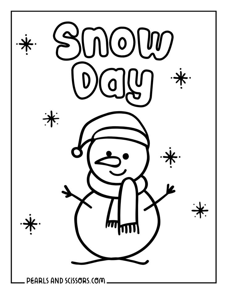 a snow day coloring page with a black and white image of a snowman wearing a hat