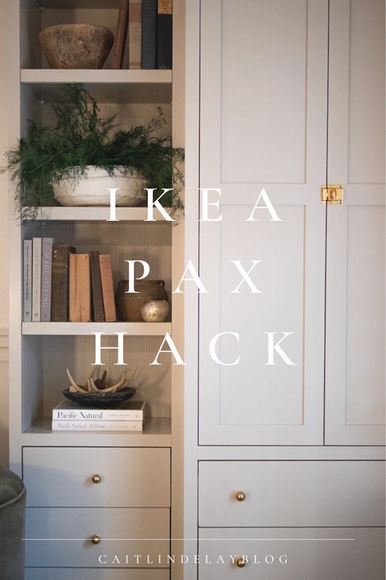 a book shelf with books and plants on it in front of a white wall that says ikea pax hack