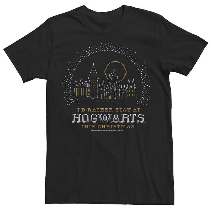 a black t - shirt with hogwart's christmas design on it that says i'd rather stay at hogwarts this christmas