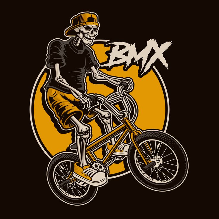 a skeleton riding a bike with the word bmx on it's back and an orange circle in the background