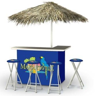 a bar with stools and an umbrella on the top that says margaritaville next to it