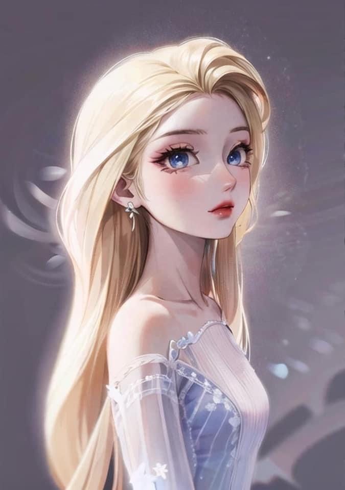 a girl with long blonde hair and blue eyes is wearing a white dress in the snow