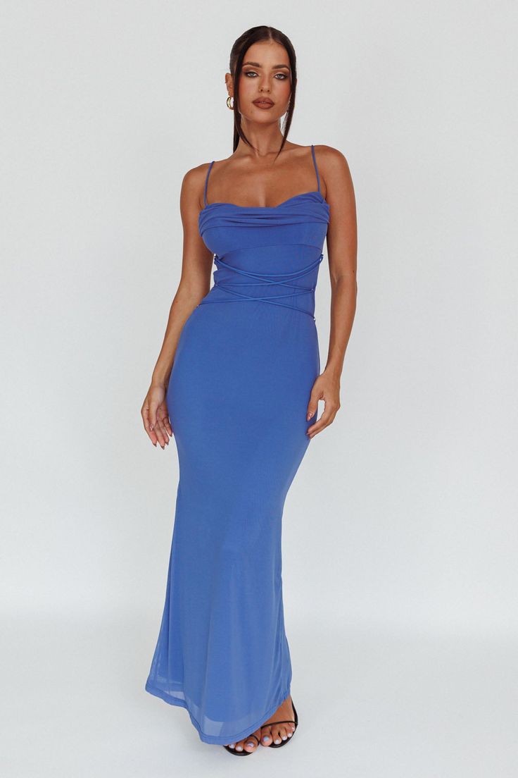 Shop the Teava Laced Waist Maxi Dress Blue | Selfie Leslie Floor-length Maxi Dress With Ruched Back For Date Night, Tie Back Midi Dress For Prom, Backless Ruched Maxi Dress For Bridesmaid, Fitted Bodice Tie Back Midi Dress For Prom, Prom Season Maxi Evening Dress With Tie Back, Fitted Tie Back Maxi Dress For Bridesmaid, Fitted Tie-back Maxi Dress For Bridesmaid, Prom Season Evening Dress With Tie Back, Blue Ruched Backless Maxi Dress