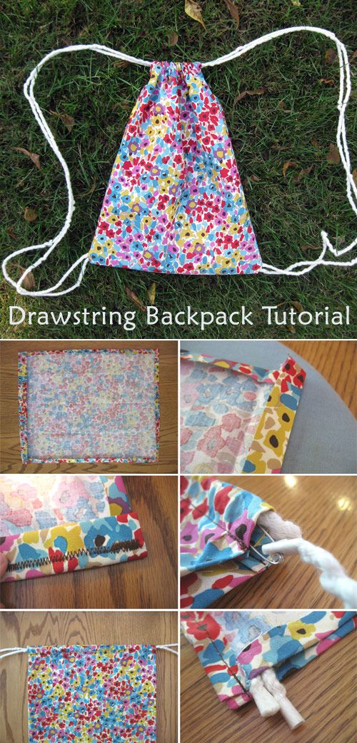 the instructions for how to make a drawstring backpack with fabric and buttons on it