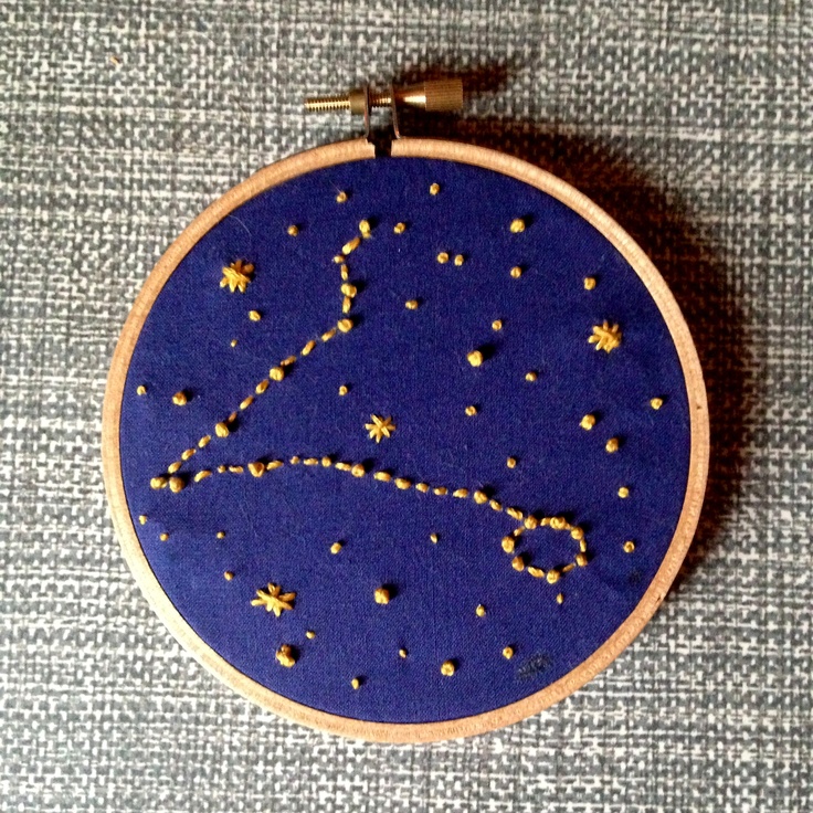 an embroidery hoop with the zodiac sign and stars on it, hanging from a hook