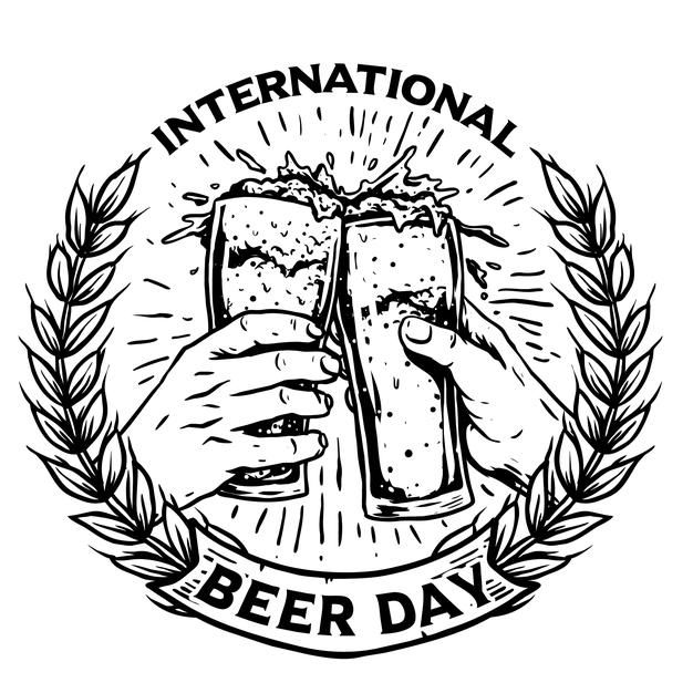 two hands holding beer glasses with the words international beer day on it and laurel wreath around them