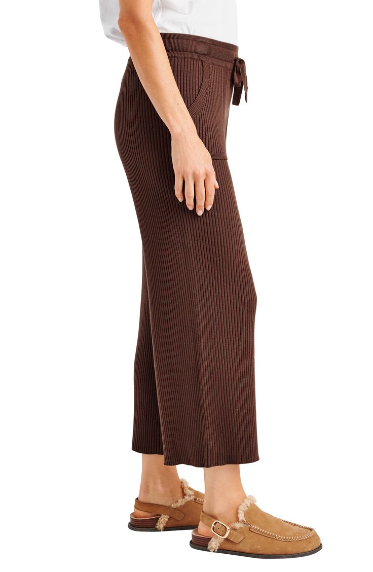 A soft and stretchy rib defines a pair of comfy-meets-chic crop pants perfect for casual days with friends, grabbing lunch or running errands. 25" inseam; 21" leg opening; 11" front rise; 12 1/2" back rise (size Medium) Drawstring waist Front slant pockets Viscose/nylon/polyester/cashmere Dry clean Imported Women's Clothing Chic Ribbed Relaxed Fit Bottoms, Chic Ribbed Relaxed Fit Pants, Chic Ribbed Pants With Relaxed Fit, Chic Relaxed Fit Ribbed Bottoms, Chic Relaxed Fit Ribbed Pants, Chic Ribbed Bottoms With Relaxed Fit, Chic Ribbed Loungewear Bottoms, Chic Ribbed Pants For Loungewear, Chic Ribbed Bottoms For Lounging