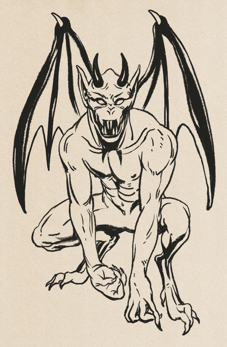 a black and white drawing of a demon sitting on the ground with its mouth open