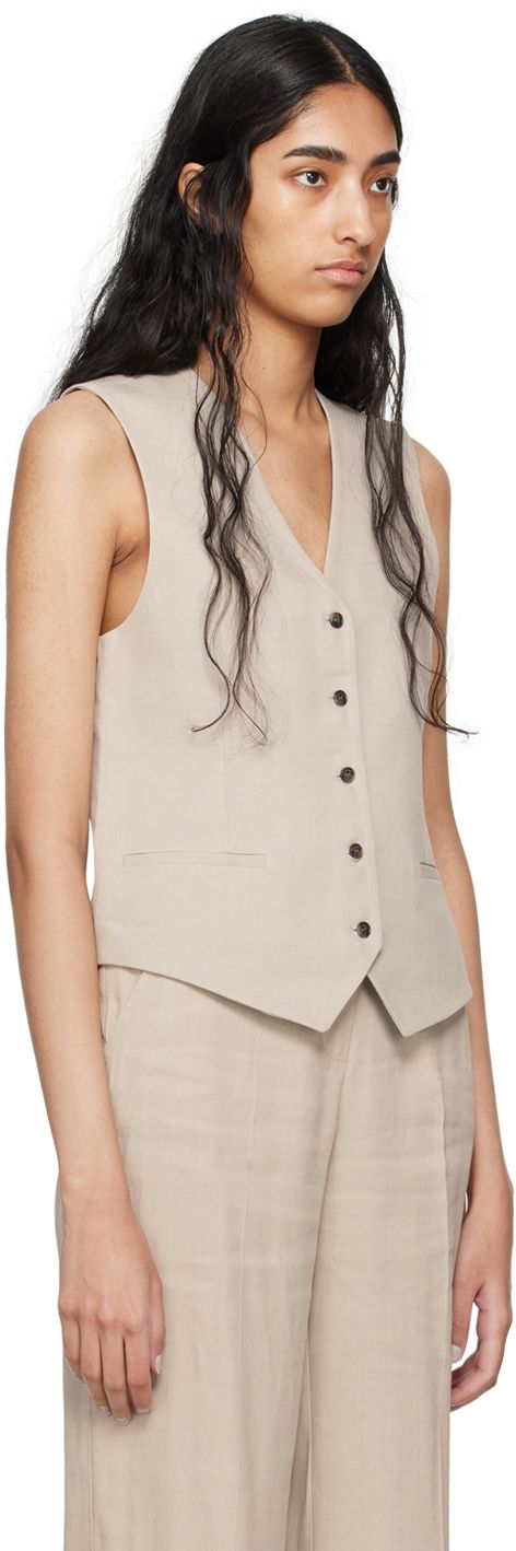 Stretch linen- and viscose-blend canvas vest. · V-neck · Button closure · Welt pockets · Partial satin lining Supplier color: Sand Beige Single-breasted Vest For Work, Beige Single Breasted Vest For Work, Single Breasted Beige Vest For Workwear, Tailored Summer Vest With Buttons, Tailored V-neck Vest With Pockets, Tailored Vest With Buttons For Summer, Beige Single Breasted Vest With Notch Lapel, Summer Workwear Vest With Button Closure, Beige Sleeveless Single-breasted Vest