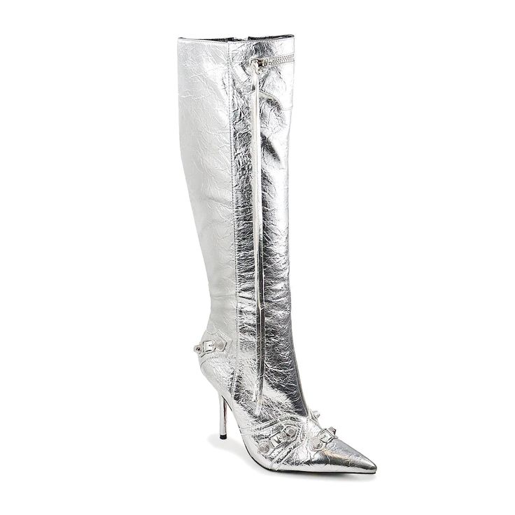 These stylish boots are the perfect addition to your wardrobe. Crafted from quality materials, they feature a knee high silhouette with elegant silver tone hardware for a luxe finish. They are perfect for the modern fashionista who wants to add a touch of class to their look. Size & Fit Heel height approx: 4" Boot height approx: 14.25" Boot entry circumference approx: 16.25" Calf circumference approx: 12" All measurements are made on a size 6. There may be a slight measurement variation based on Silver Knee-high Boots For Night Out, Designer Knee-high Boots With Pointed Toe For Party, Winter Evening Boots With Metal Feet, Elegant Winter Boots With Metal Feet, Glamorous Silver Knee-high Boots, Elegant Party Boots With Metal Feet, Luxury Knee-high Boots For Winter Party, Chic Party Boots With Metal Feet, Elegant Fall Boots With Metal Feet