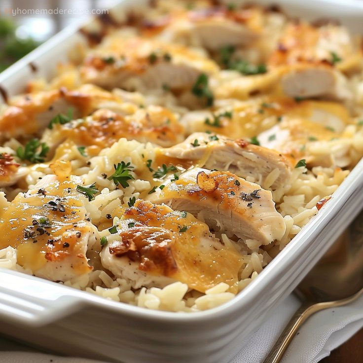 a casserole dish with chicken, rice and parsley