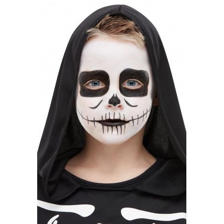 Skeleton Makeup Kids, Kids Halloween Face, Face Painting Halloween Kids, Halloween Skeleton Makeup, Skeleton Face Paint, Maquillage Halloween Simple, Halloween Makeup For Kids, White Face Paint, Makeup Kit For Kids