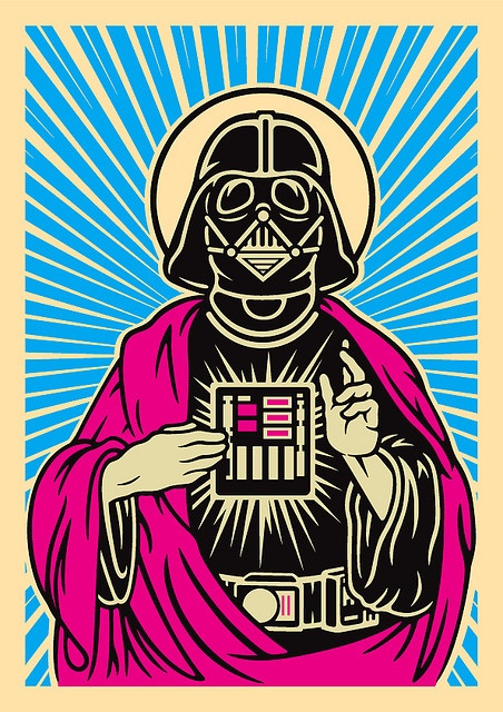 a darth vader poster is shown in blue, pink and yellow colors with sunbursts behind it