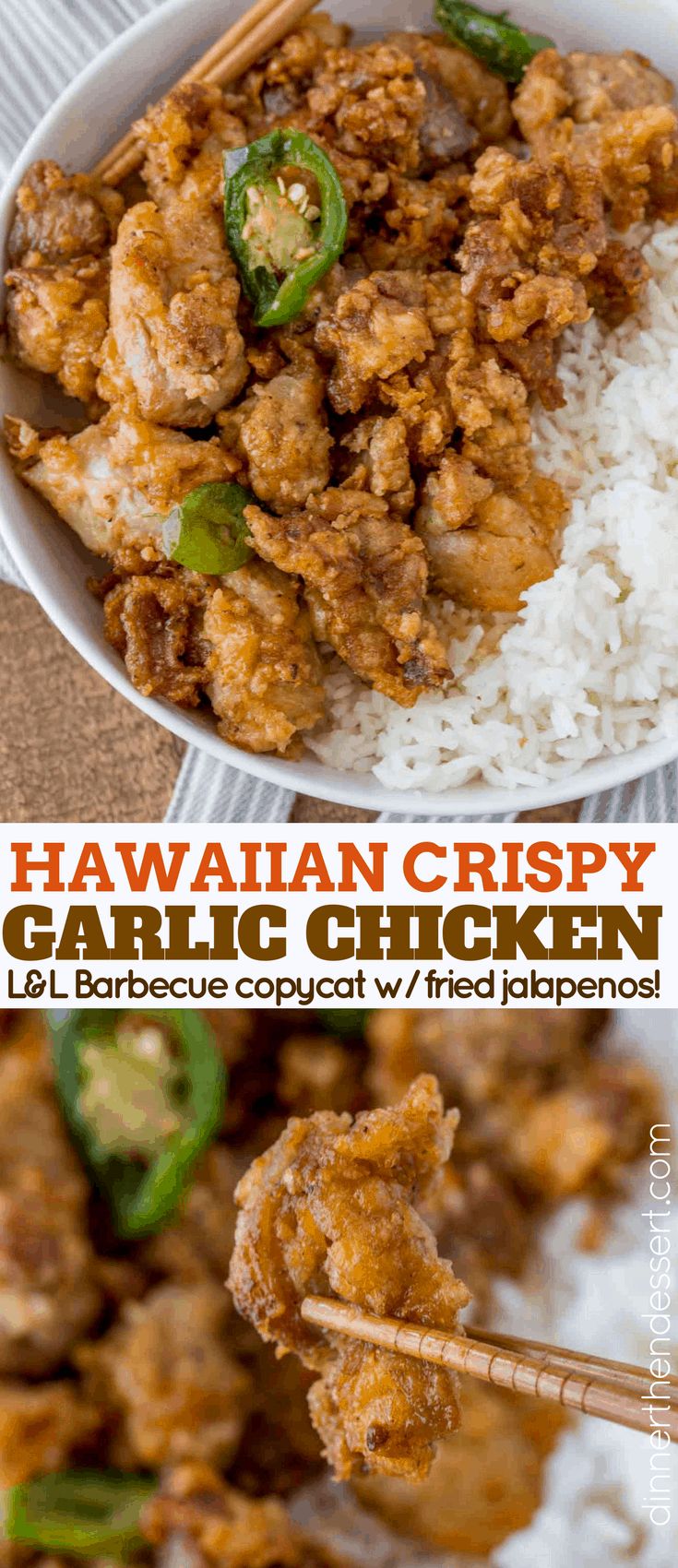 hawaiian crispy garlic chicken served over rice with chopsticks