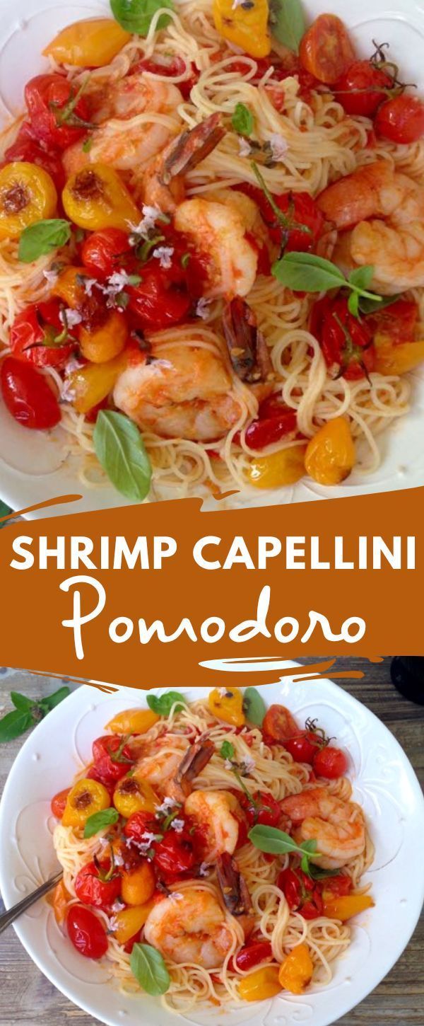 shrimp, tomato and pasta with basil sauce in a white bowl