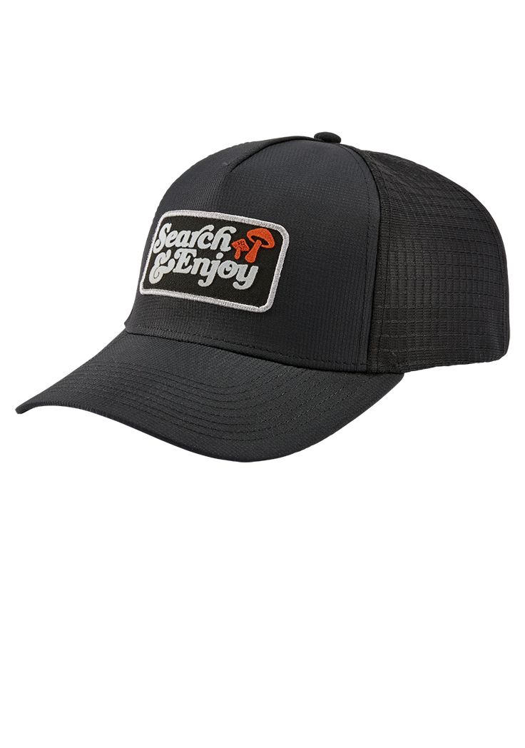 A subtle reminder to enjoy the journey, the Search & Enjoy trucker hat keeps your adventure on track regardless of how lost you get. The deep fit and curved bill will help you stay focused on what's ahead while keeping you cool by letting the air flow freely. Breathable Black Hat For Travel, Functional Black Trucker Hat With Curved Brim, Functional Black Trucker Hat With Curved Bill, Sporty Black Trucker Hat For Outdoor Activities, Black Baseball Cap Trucker Hat For Camping, Functional Black Hats For Travel, Black Trucker Hat Baseball Cap For Travel, Black Snapback Baseball Cap For Camping, Functional Black Travel Hat