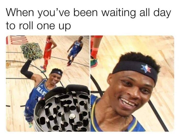 an image of a man holding a basketball ball and wearing a bandana with the caption when you've been waiting all day to roll one up