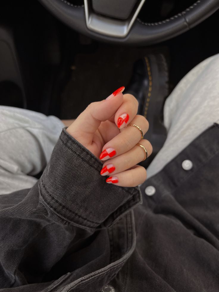 Red And Black Checkered Nails, Red Checker Nails, Ferrari Red Nails Design, Dark Colored Nail Ideas, Red Checkered Nails, Rock N Roll Nails, Checkered Nails, Red Nail Designs, Red Checkered